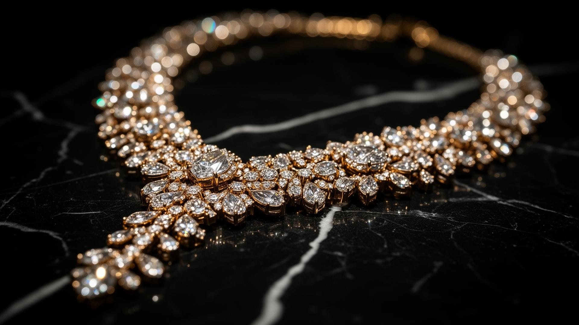 Cinematic close-up of a fine diamond and gold necklace on black marble